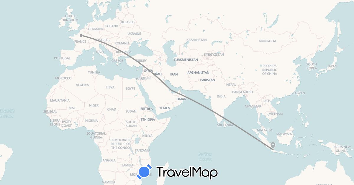 TravelMap itinerary: driving, plane in France, Indonesia, Qatar (Asia, Europe)